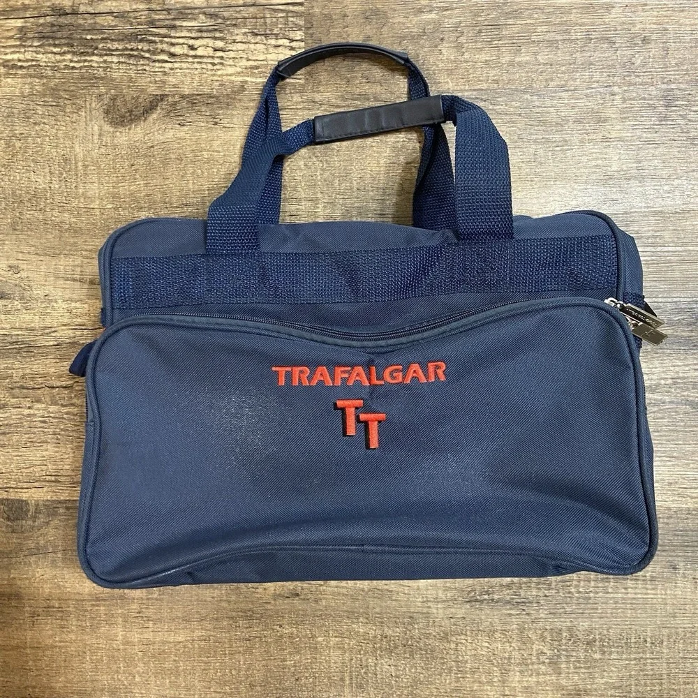 Trafalgar TT Tote Messenger Travel Bag Carry-On Navy Blue Embroidered Vintage